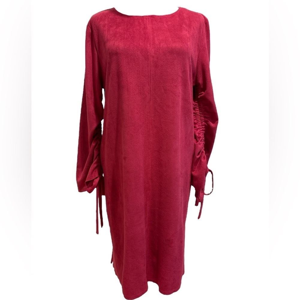 Y2K ROSE PINK VEGAN ULTRA SUEDE BOHO RELAXED FIT DRESS WIDE RUCHED SLEEVES JOH M